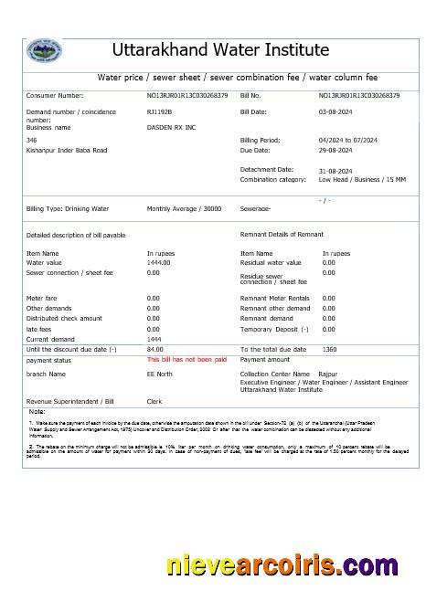 INDIA UTTARAKHAND WATER business utility bill